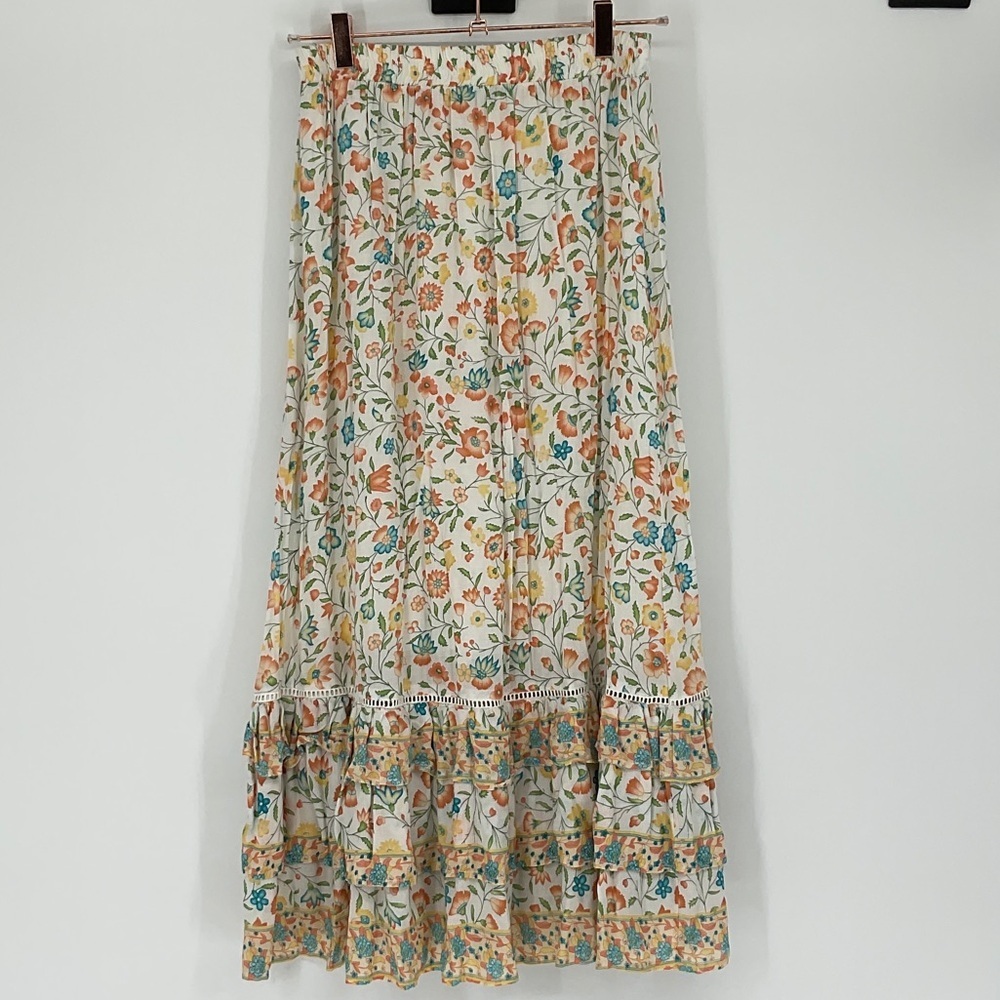 Rose & Thyme Floral Tiered Maxi Skirt Boho Cottagecore Elastic Waist Sz S/M